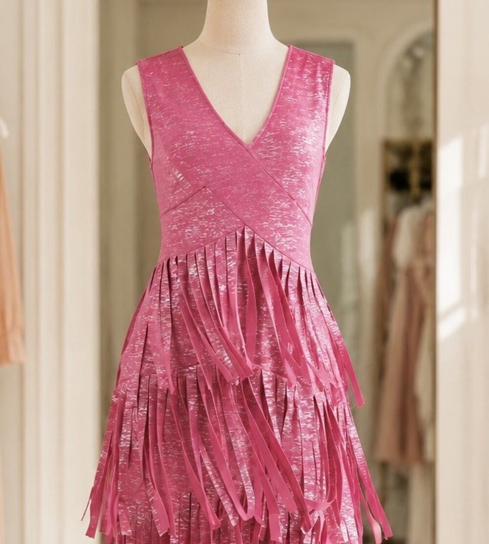 NWT Blue B Tiered Pink Faux Suede Fringe Mini Dress Size Party Cocktail